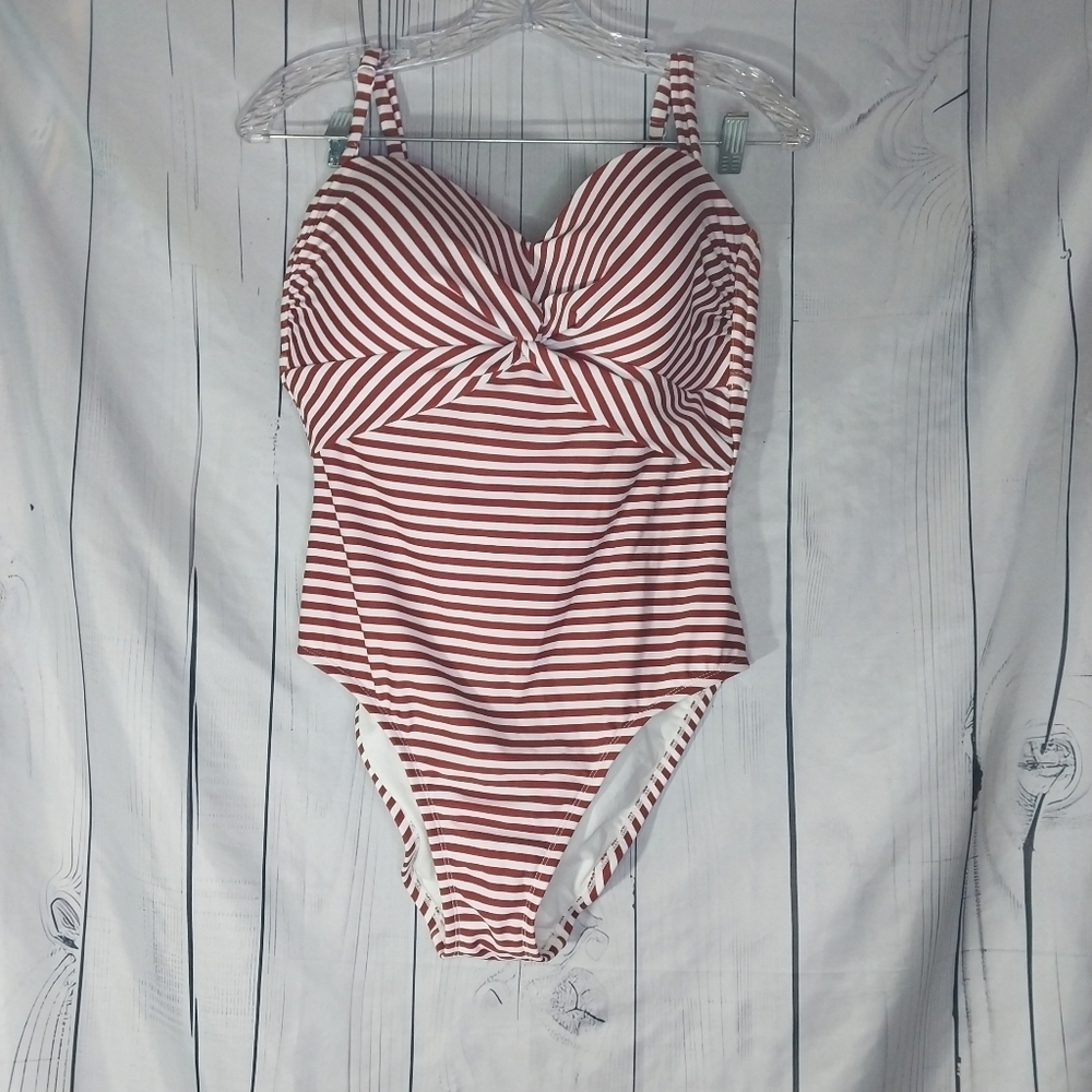 Kona Sol Brown and White Striped Twist Bandeau One Piece Modest Swimsuit NWT